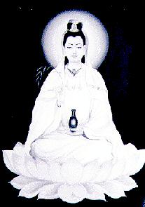 Lady Kuan Yin sitting on a lotus and blessing you